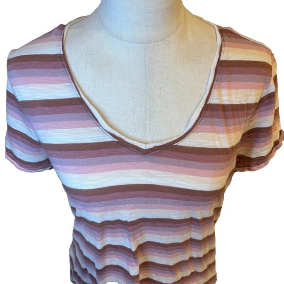 Lucky Brand Women's T-shirt Size Small Pink Striped V-Neck Short Sleeve - Picture 2 of 9